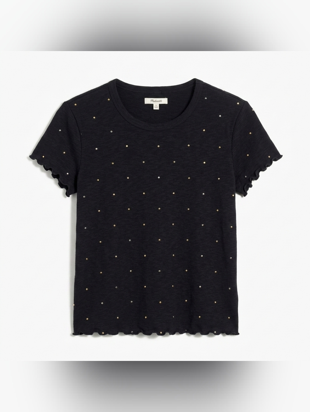 Madewell Black Short Sleeve  Ruffle Hem Tee Gold Polka Dots All Over Size Large